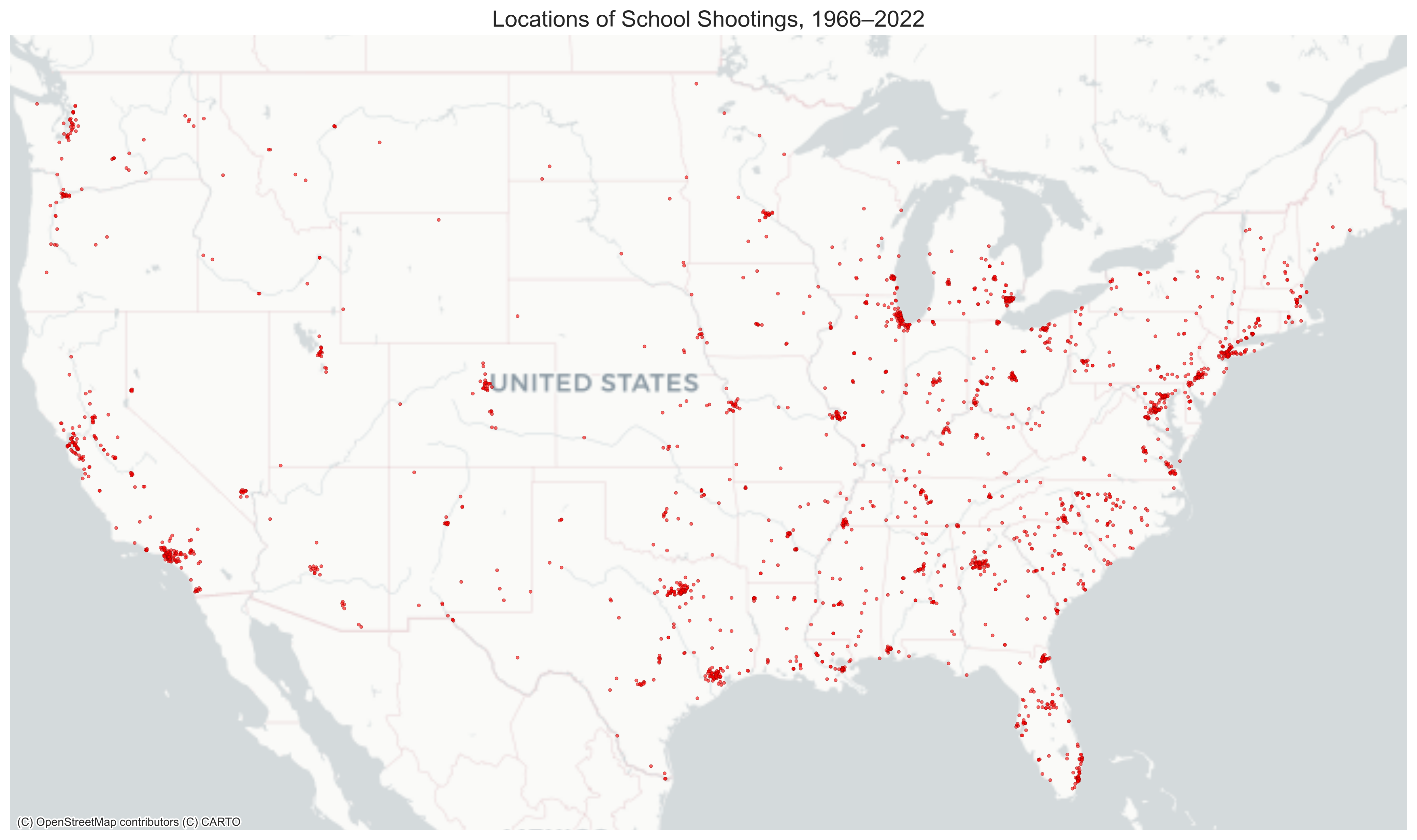 Geographic distribution of school shootings, 1990–2022